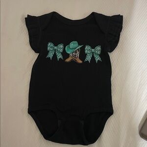 Black Bodysuit with ruffled sleeves & Teal Cowgirl and Boots Accents